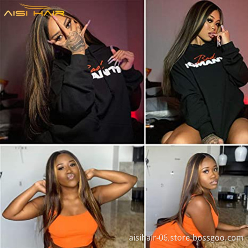 Aisi Hair Cheap Long Straight Front Lace Brown Mixed Blonde Ombre Wigs For Black Women Fiber Wigs Synthetic Highlight Hair Wigs
